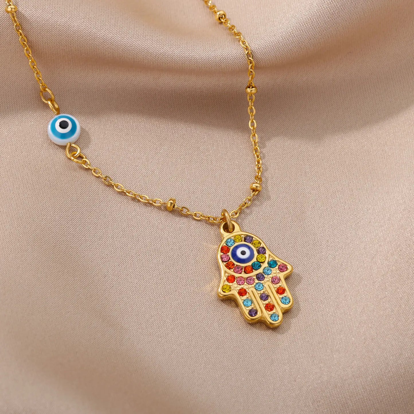 Colar Olho Grego Hamsa Dourado em Aço Inoxidável