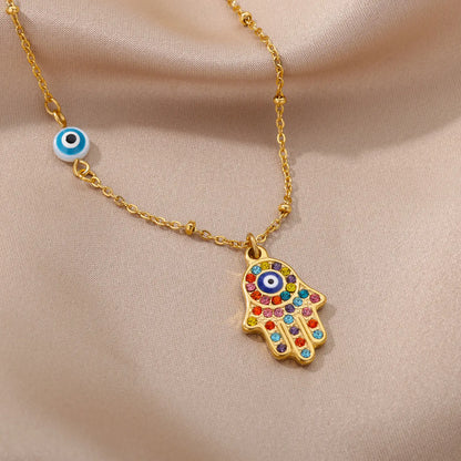 Colar Olho Grego Hamsa Dourado em Aço Inoxidável