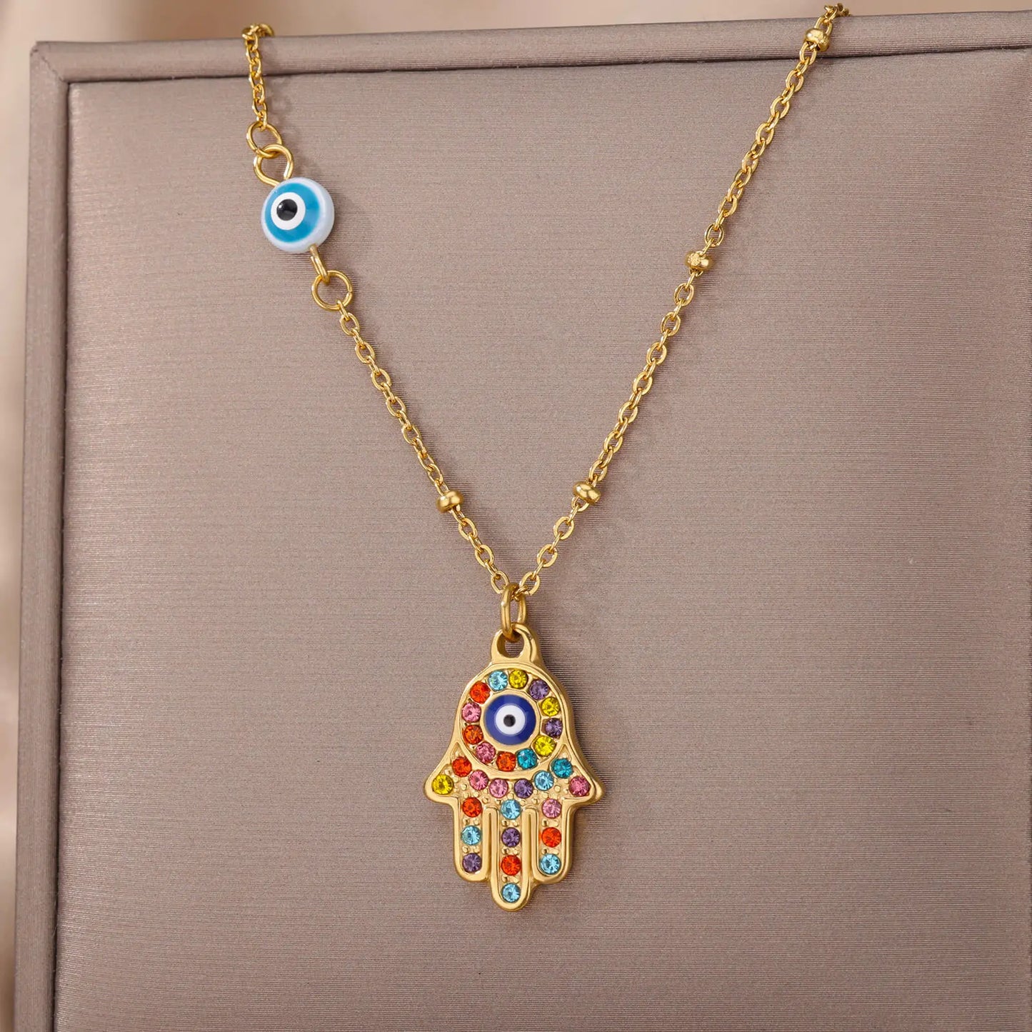 Colar Olho Grego Hamsa Dourado em Aço Inoxidável