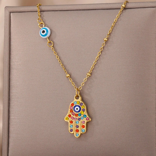 Colar Olho Grego Hamsa Dourado em Aço Inoxidável