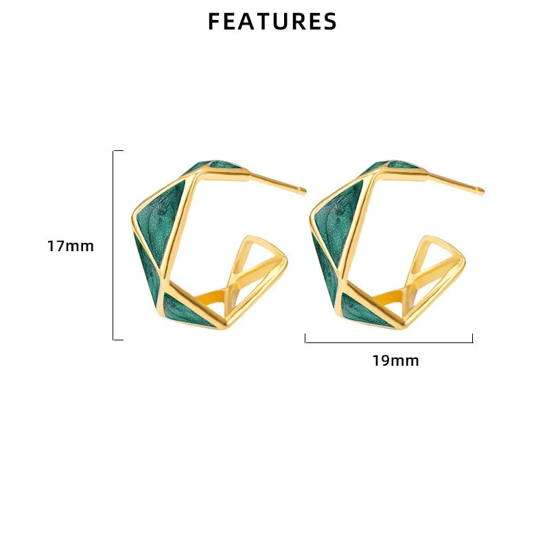 Brincos Geométricos C-Shape Verde Elegante