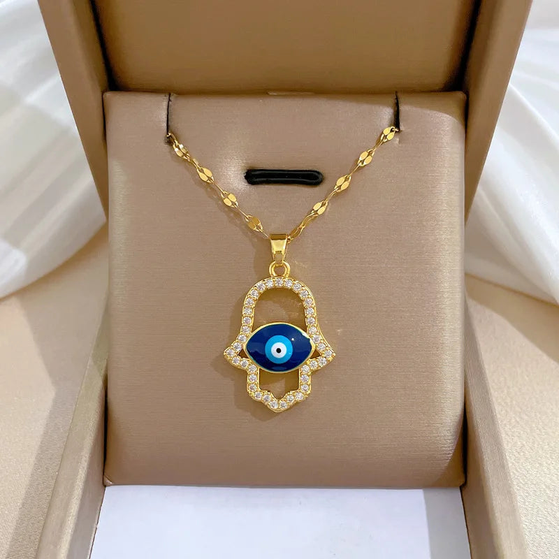 Colar Hamsa com Zircônia Cúbica e Olho Grego