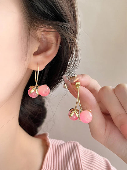 Brincos Pingentes de Cereja Rosa - Joias Exclusivas
