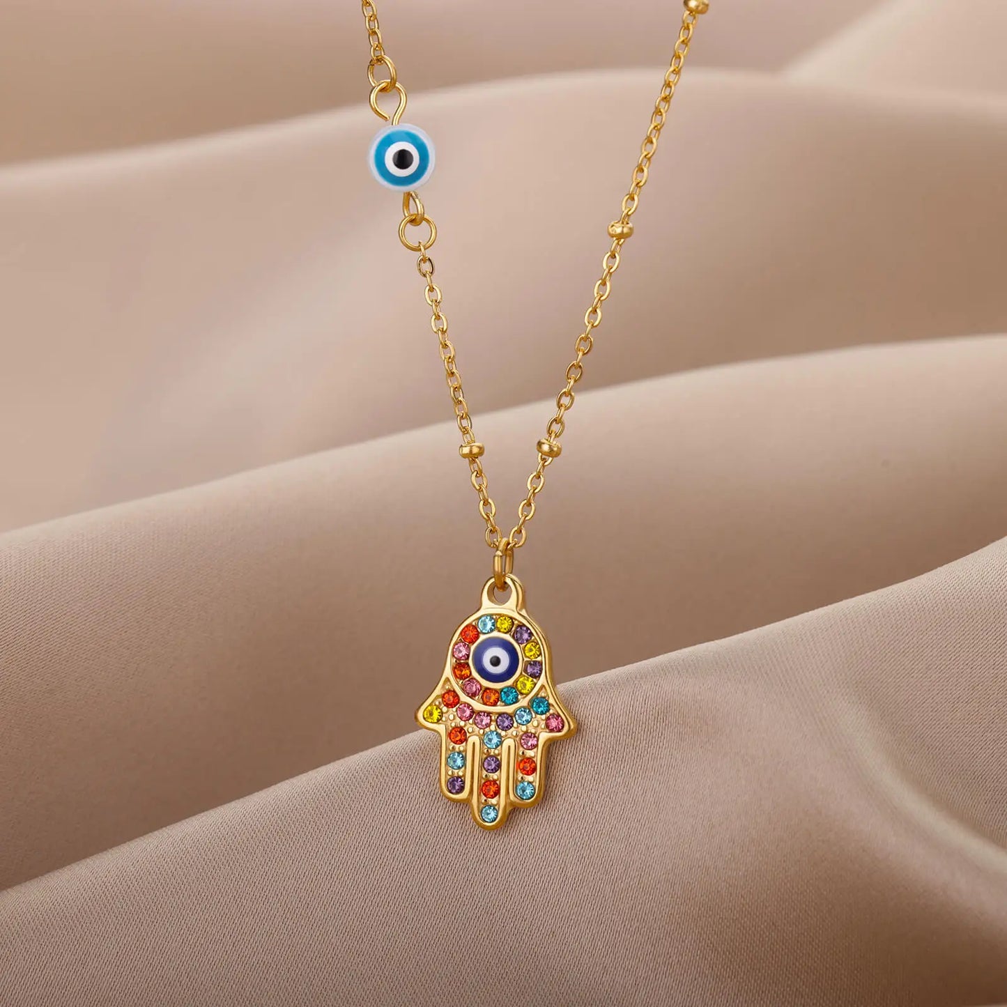 Colar Olho Grego Hamsa Dourado em Aço Inoxidável