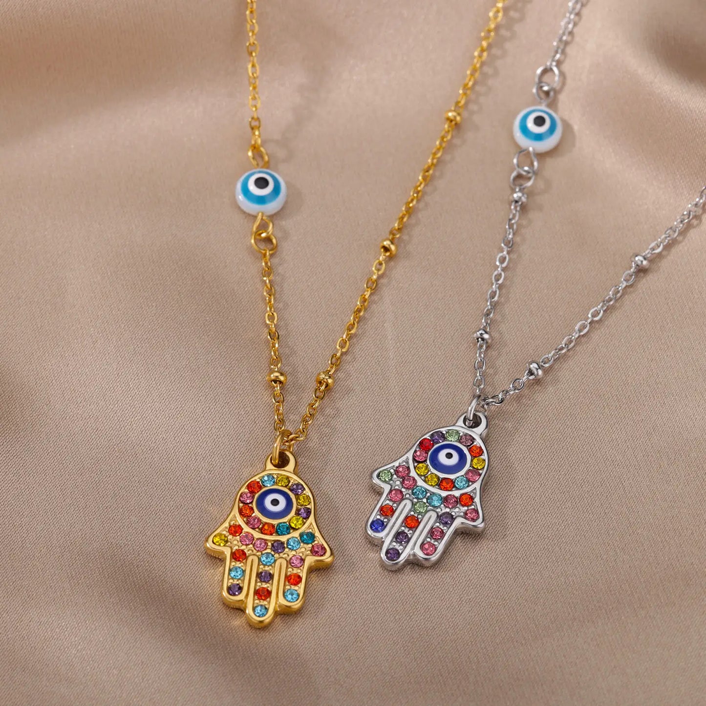 Colar Olho Grego Hamsa Dourado em Aço Inoxidável