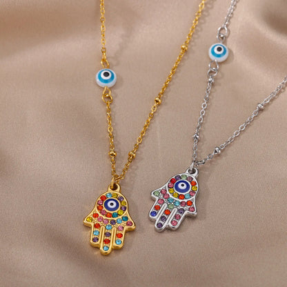 Colar Olho Grego Hamsa Dourado em Aço Inoxidável
